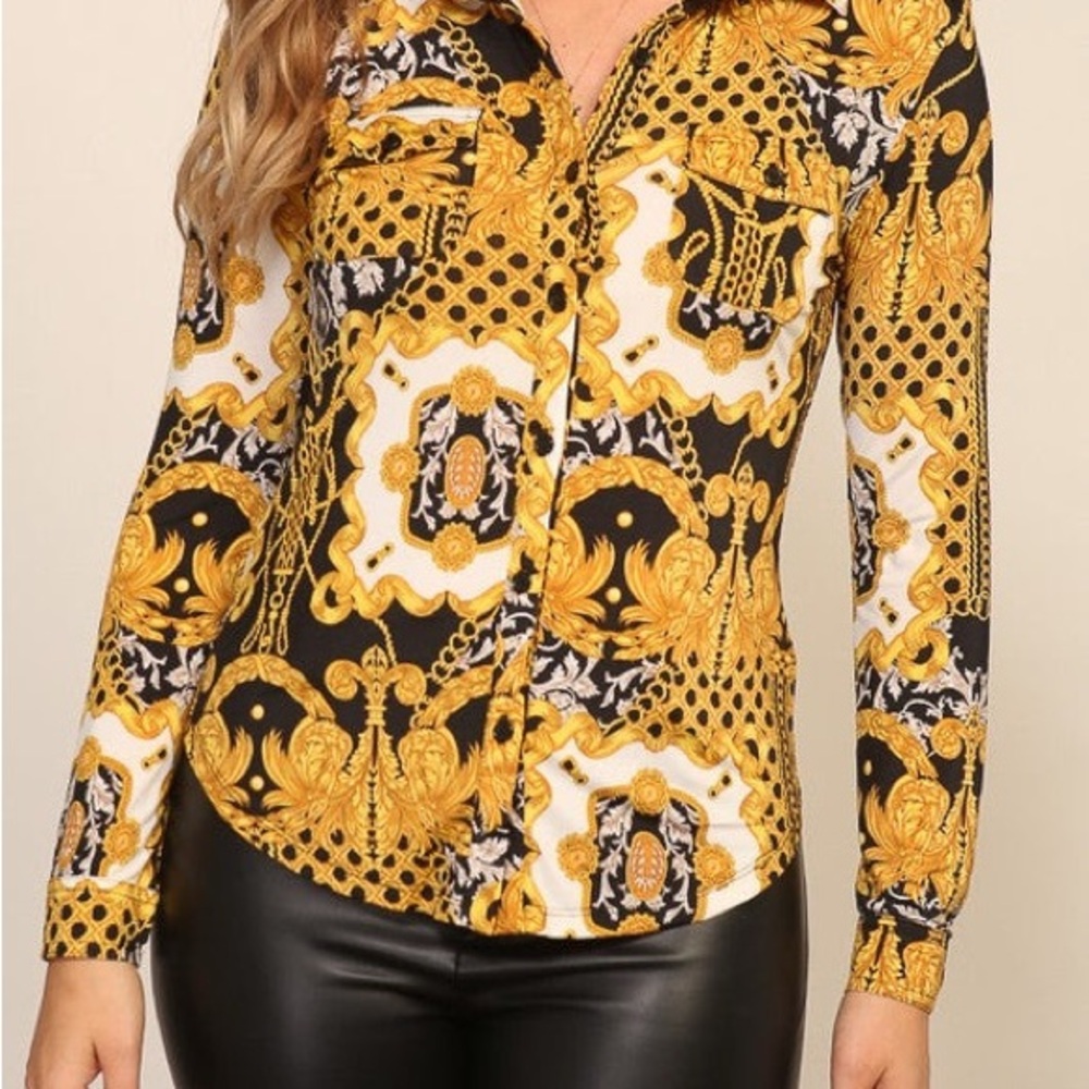 Button Down Print Long Sleeve Blouse - image 5